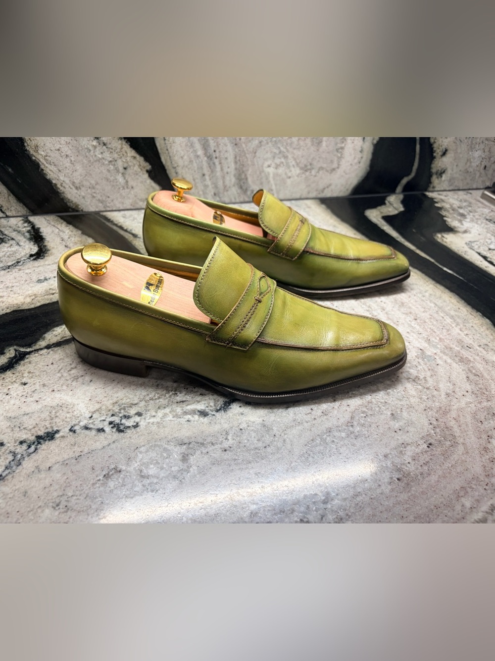 StefanoBi Manifattura Ferrarese Olive Green Hand-Patina Penny Loafers 8.5 Italy